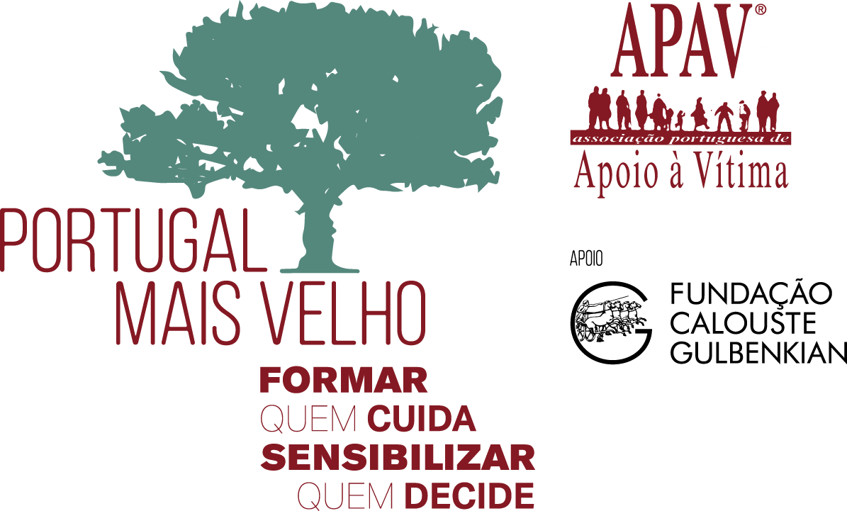 Logótipo do projeto Portugal Mais Velho - Formar quem cuida, sensibilizar quem decide. APAV com apoio da Fundação Calouste Gulbenkian