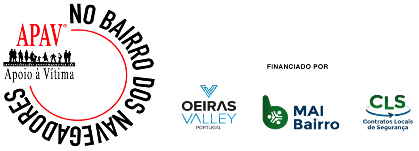 Logótipo APAV - No Bairro dos Navegadores. Financiado por: Oeiras Valley, MAI Bairro, CLS - Contratos Locais de Segurança