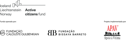 Logótipo Active citizens fund - Iceland, Lietchtenstein, Norway. Fundo operado por Fundação Calouste Gulbenkian, Fundação Bissaya Barreto. Implementado pela APAV.
