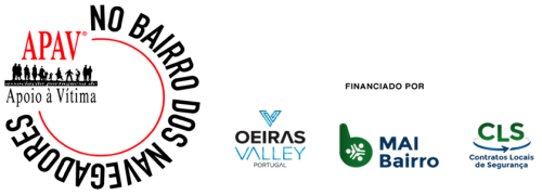 Logótipo APAV - No Bairro dos Navegadores. Financiado por: Oeiras Valley, MAI Bairro, CLS - Contratos Locais de Segurança